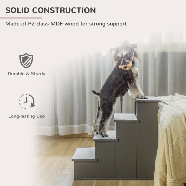 PawHut Cushioned Pet Stairs, 4 Step Wooden Ramp for Dogs, Cats, Non-Slip Carpet, Grey, 40 x 59 x 54.2 cm Aosom UK