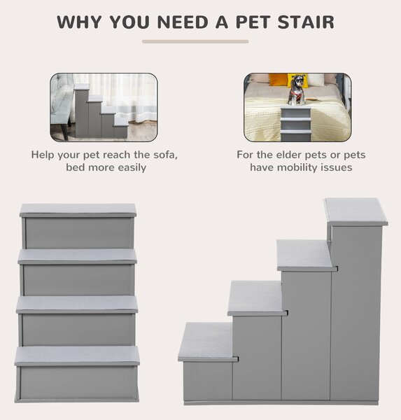 PawHut Cushioned Pet Stairs, 4 Step Wooden Ramp for Dogs, Cats, Non-Slip Carpet, Grey, 40 x 59 x 54.2 cm Aosom UK