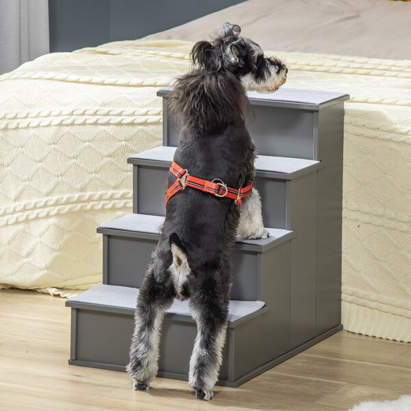 PawHut Cushioned Pet Stairs, 4 Step Wooden Ramp for Dogs, Cats, Non-Slip Carpet, Grey, 40 x 59 x 54.2 cm Aosom UK