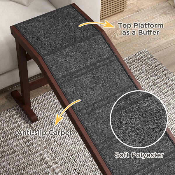 PawHut Pet Ramp for Dogs Non-slip Carpet Top Platform Pine Wood 188 x 40.5 x 63.5, Brown, Grey Aosom UK