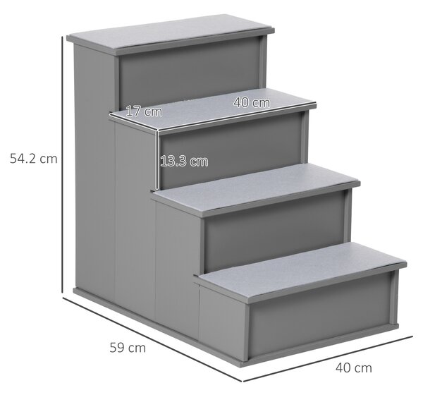 PawHut Cushioned Pet Stairs, 4 Step Wooden Ramp for Dogs, Cats, Non-Slip Carpet, Grey, 40 x 59 x 54.2 cm Aosom UK