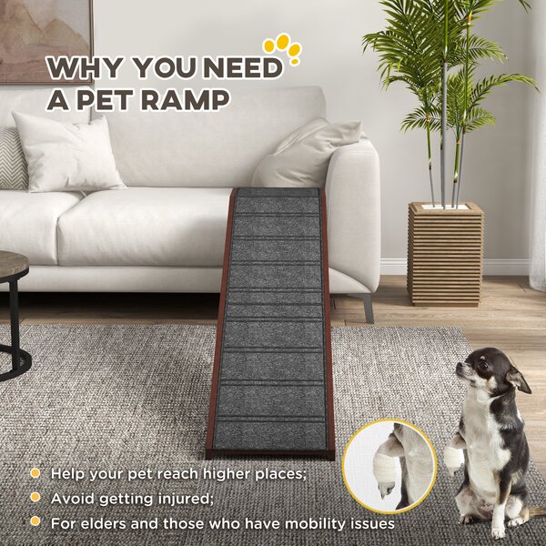 PawHut Pet Ramp for Dogs Non-slip Carpet Top Platform Pine Wood 188 x 40.5 x 63.5, Brown, Grey Aosom UK