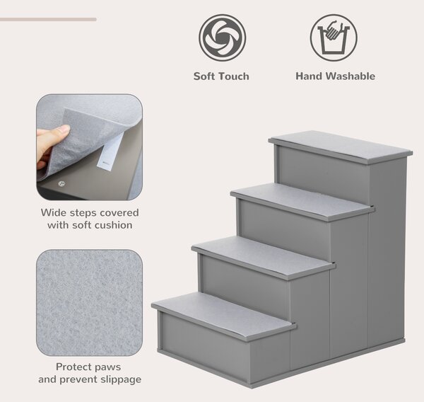PawHut Cushioned Pet Stairs, 4 Step Wooden Ramp for Dogs, Cats, Non-Slip Carpet, Grey, 40 x 59 x 54.2 cm Aosom UK