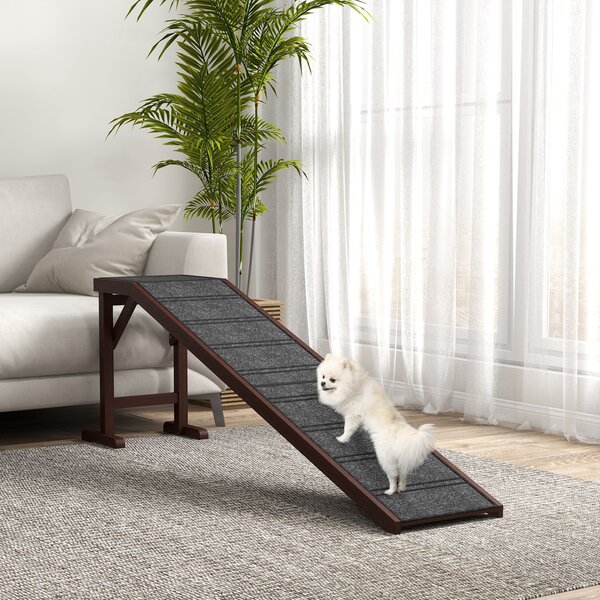PawHut Pet Ramp for Dogs Non-slip Carpet Top Platform Pine Wood 188 x 40.5 x 63.5, Brown, Grey Aosom UK