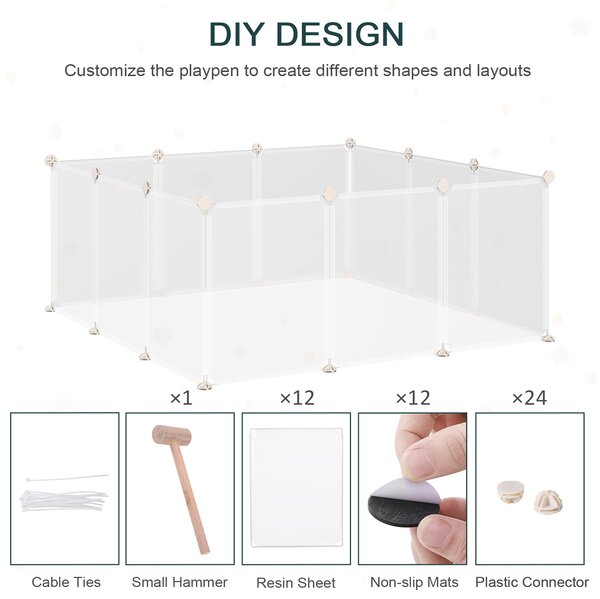 PawHut Portable Pet Playpen DIY Enclosure, 12 Panel Plastic Fence for Bunny, Guinea Pig, Hedgehog, Chinchilla, White Aosom UK