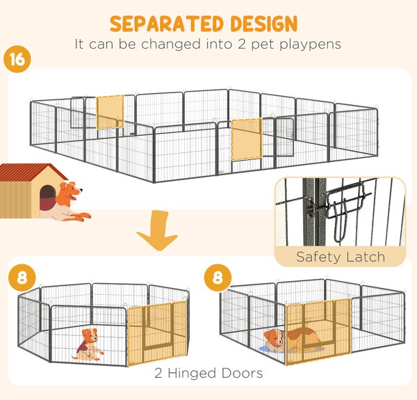 PawHut Heavy Duty Dog Pen with 2 Doors, 16 Panels Dog Playpen, Portable Puppy Pen for Indoors, Outdoors, 60H cm Aosom UK