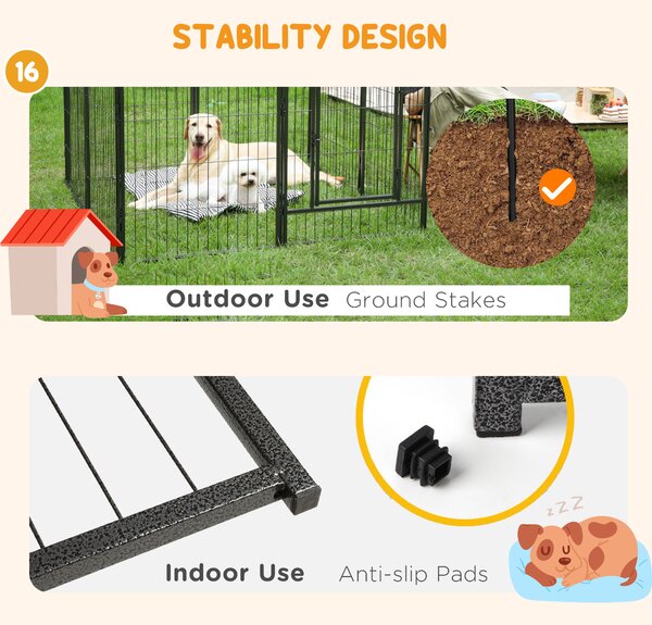 PawHut Heavy Duty Dog Pen with 2 Doors, 16 Panels Dog Playpen, Portable Puppy Pen for Indoors, Outdoors, 60H cm Aosom UK