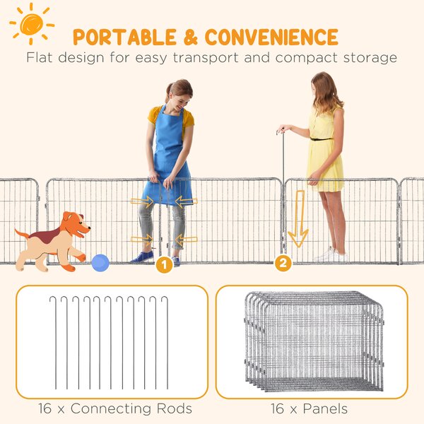 PawHut Heavy Duty Dog Pen with 2 Doors, 16 Panels Dog Playpen, Portable Puppy Pen for Indoors, Outdoors, 60H cm Aosom UK
