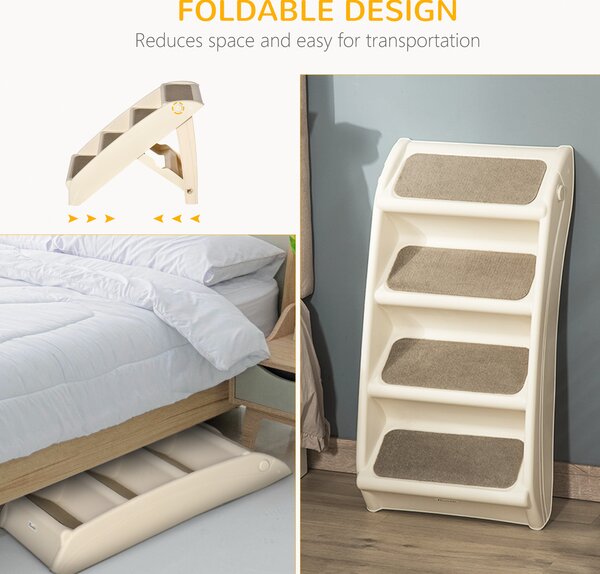 PawHut Dog StairsSteps 4 Step PP Comfort Pet Ladder, Foldable, Portable, Anti-Slipping, Beige Aosom UK