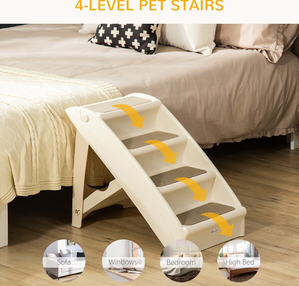 PawHut Dog StairsSteps 4 Step PP Comfort Pet Ladder, Foldable, Portable, Anti-Slipping, Beige Aosom UK