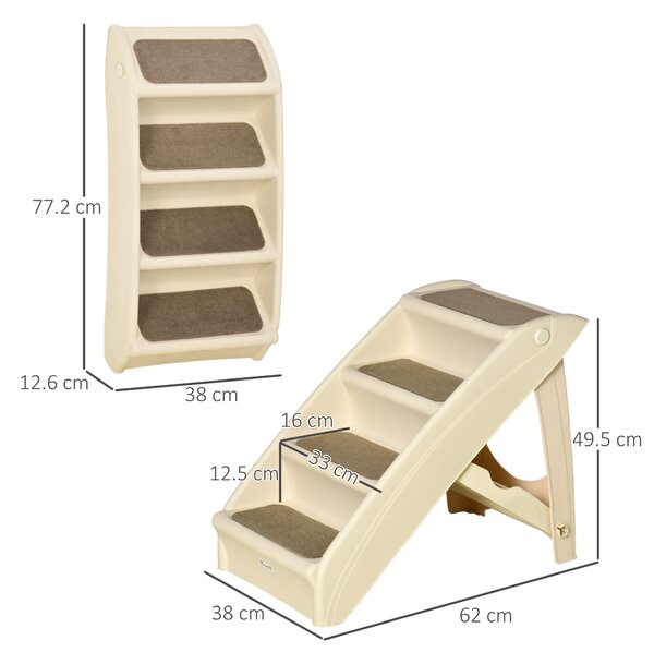 PawHut Dog StairsSteps 4 Step PP Comfort Pet Ladder, Foldable, Portable, Anti-Slipping, Beige Aosom UK