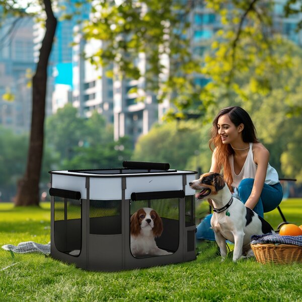 PawHut Foldable Dog Pen with Storage Bag for Indoor/Outdoor Use, Grey Aosom UK