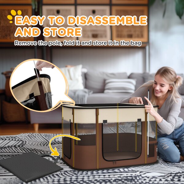PawHut Foldable Dog Pen with Storage Bag for Indoor/Outdoor Use, Brown Aosom UK