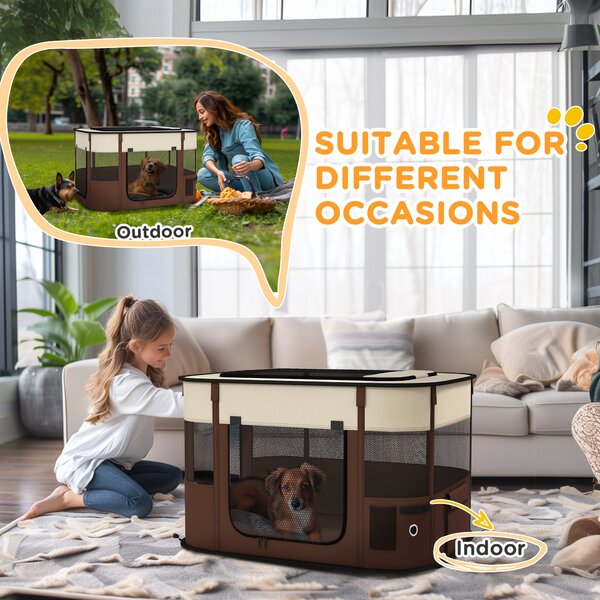PawHut Foldable Dog Pen with Storage Bag for Indoor/Outdoor Use, Brown Aosom UK