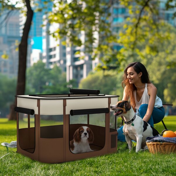PawHut Foldable Dog Pen with Storage Bag for Indoor/Outdoor Use, Brown Aosom UK