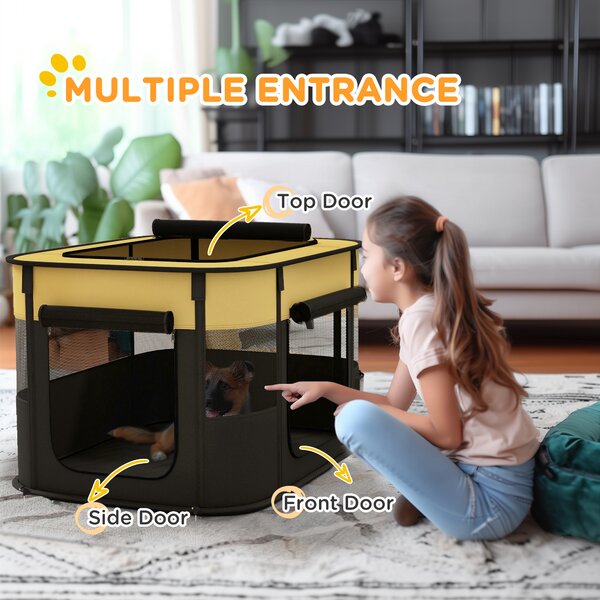 PawHut Foldable Dog Pen with Storage Bag for Indoor/Outdoor Use, Yellow Aosom UK