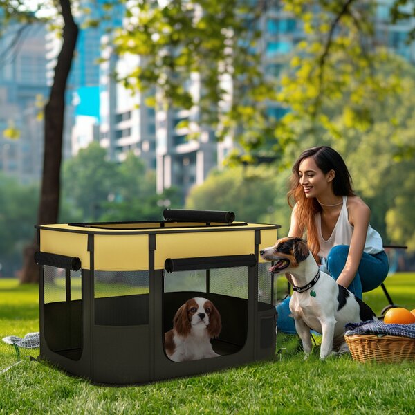 PawHut Foldable Dog Pen with Storage Bag for Indoor/Outdoor Use, Yellow Aosom UK