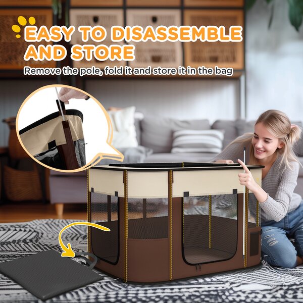 PawHut Foldable Dog Pen with Storage Bag for Indoor/Outdoor Use, Brown Aosom UK