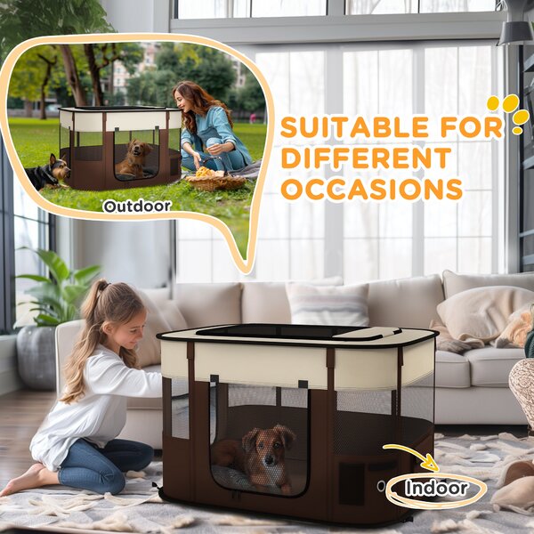 PawHut Foldable Dog Pen with Storage Bag for Indoor/Outdoor Use, Brown Aosom UK