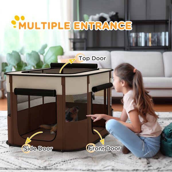 PawHut Foldable Dog Pen with Storage Bag for Indoor/Outdoor Use, Brown Aosom UK