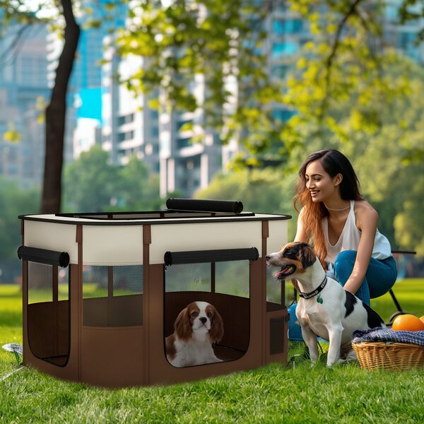 PawHut Foldable Dog Pen with Storage Bag for Indoor/Outdoor Use, Brown Aosom UK