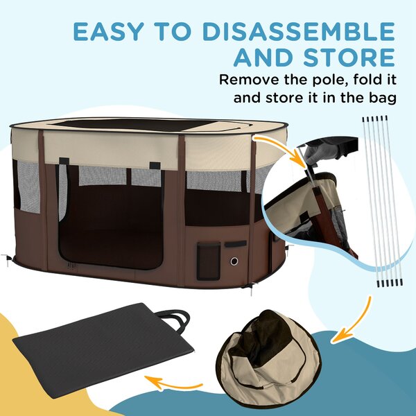 PawHut Foldable Dog Pen with Storage Bag for Indoor/Outdoor Use, Brown Aosom UK