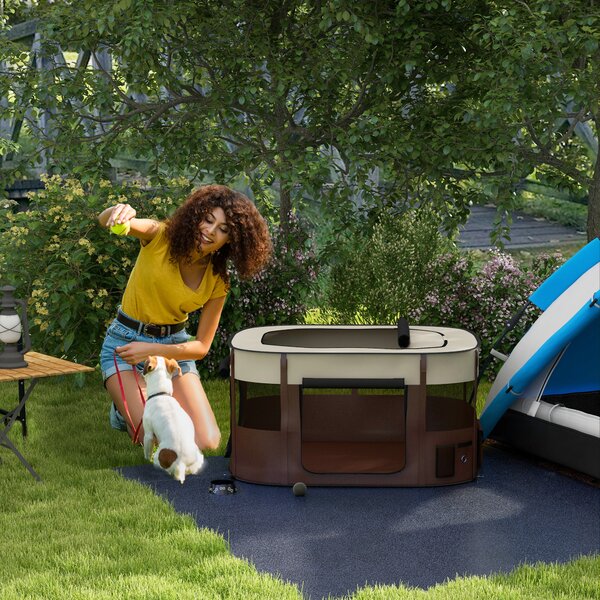 PawHut Foldable Dog Pen with Storage Bag for Indoor/Outdoor Use, Brown Aosom UK