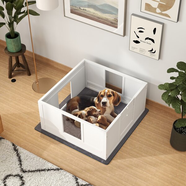 PawHut Whelping Box for Dogs with Whelping Pad, Adjustable Entrance, Non-slip Foot Pads, for Medium Dogs, 100 x 96cm Aosom UK