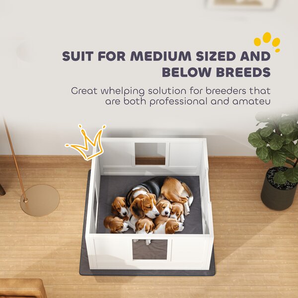 PawHut Whelping Box for Dogs with Whelping Pad, Adjustable Entrance, Non-slip Foot Pads, for Medium Dogs, 100 x 96cm Aosom UK