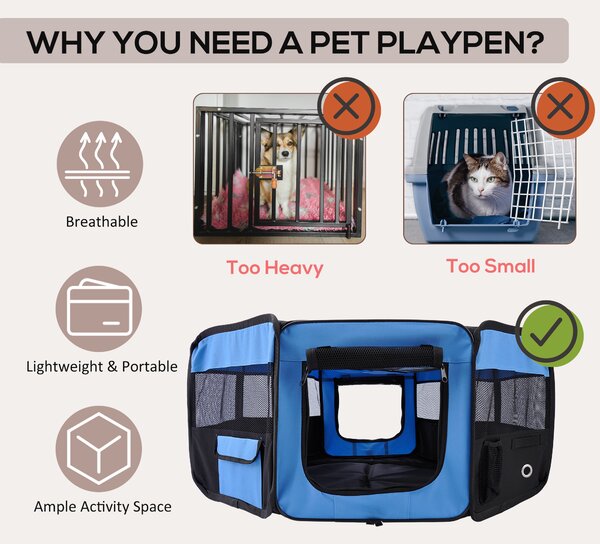 PawHut Fabric Pet Playpen: 8-Panel Foldable Mesh Enclosure for Outdoor Use, Dia 90 x 41H cm, Blue Aosom UK