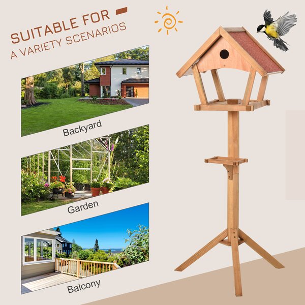 PawHut Wooden Bird Feeder Table Freestanding for Garden Backyard Outside Decorative Pre-cut Weather Resistant Roof 49 x 45 x 139 cm Natural Aosom UK