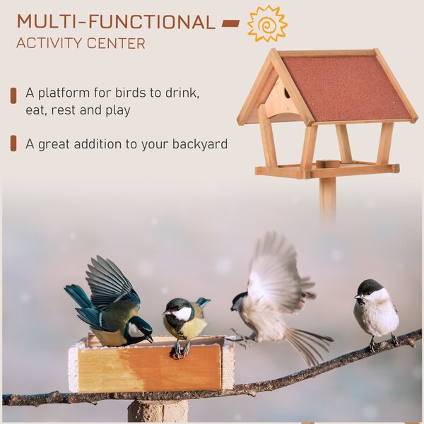 PawHut Wooden Bird Feeder Table Freestanding for Garden Backyard Outside Decorative Pre-cut Weather Resistant Roof 49 x 45 x 139 cm Natural Aosom UK