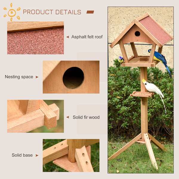 PawHut Wooden Bird Feeder Table Freestanding for Garden Backyard Outside Decorative Pre-cut Weather Resistant Roof 49 x 45 x 139 cm Natural Aosom UK