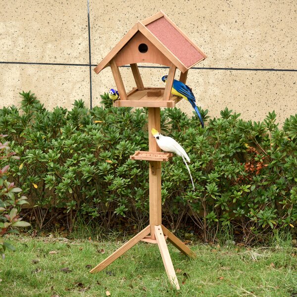 PawHut Wooden Bird Feeder Table Freestanding for Garden Backyard Outside Decorative Pre-cut Weather Resistant Roof 49 x 45 x 139 cm Natural Aosom UK