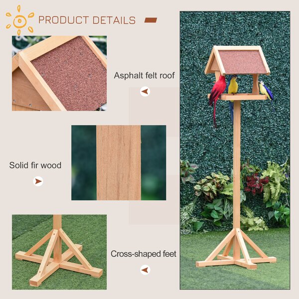 PawHut Bird Feeder Table, Wooden Freestanding Outdoor Feeding Station with Weatherproof Roof, Cross-shaped Base, Natural, 55 x 55 x 144cm Aosom UK