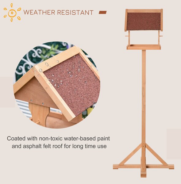 PawHut Bird Feeder Table, Wooden Freestanding Outdoor Feeding Station with Weatherproof Roof, Cross-shaped Base, Natural, 55 x 55 x 144cm Aosom UK