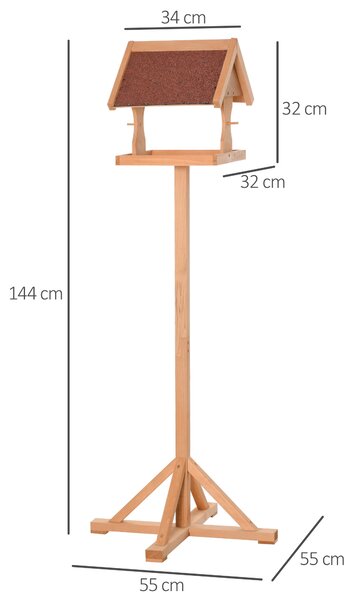 PawHut Bird Feeder Table, Wooden Freestanding Outdoor Feeding Station with Weatherproof Roof, Cross-shaped Base, Natural, 55 x 55 x 144cm Aosom UK