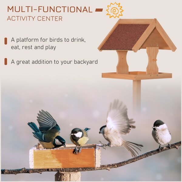 PawHut Bird Feeder Table, Wooden Freestanding Outdoor Feeding Station with Weatherproof Roof, Cross-shaped Base, Natural, 55 x 55 x 144cm Aosom UK