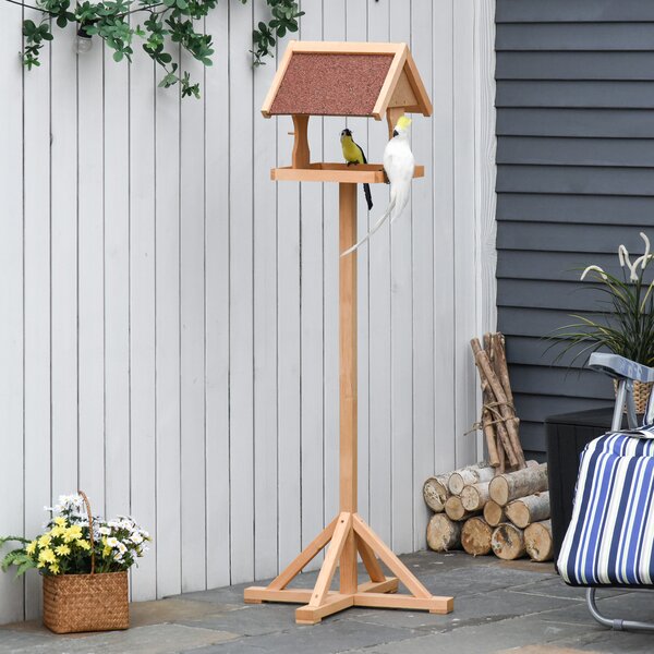 PawHut Bird Feeder Table, Wooden Freestanding Outdoor Feeding Station with Weatherproof Roof, Cross-shaped Base, Natural, 55 x 55 x 144cm Aosom UK