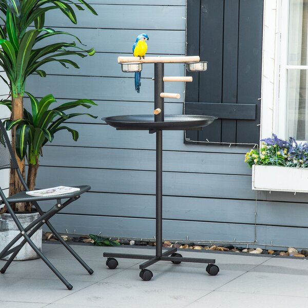 PawHut Metal Bird Table Play Stand, Bird Feeder Station Parrot Perch with Four Wheels Feeding Bowls Round Tray Aosom UK