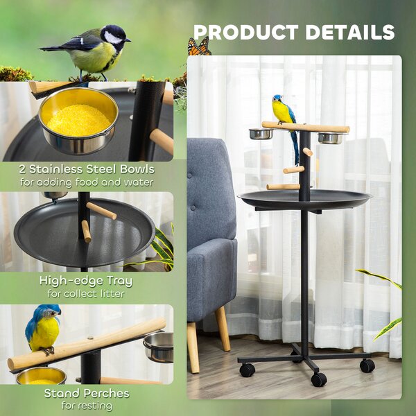 PawHut Metal Bird Table Play Stand, Bird Feeder Station Parrot Perch with Four Wheels Feeding Bowls Round Tray Aosom UK