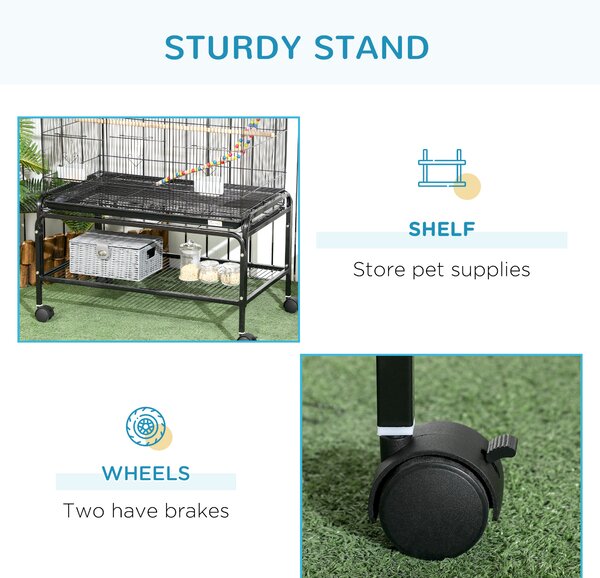 PawHut Steel Budgie Cage 133cm High with Stand, Slide-Out Tray, Toys, Storage Shelf for Canaries, Finches, Lovebirds, Parakeets, Black Aosom UK