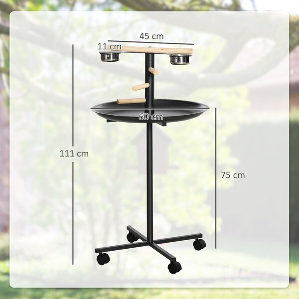 PawHut Metal Bird Table Play Stand, Bird Feeder Station Parrot Perch with Four Wheels Feeding Bowls Round Tray Aosom UK