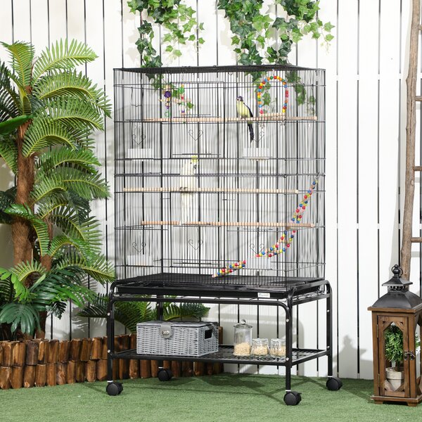 PawHut Steel Budgie Cage 133cm High with Stand, Slide-Out Tray, Toys, Storage Shelf for Canaries, Finches, Lovebirds, Parakeets, Black Aosom UK