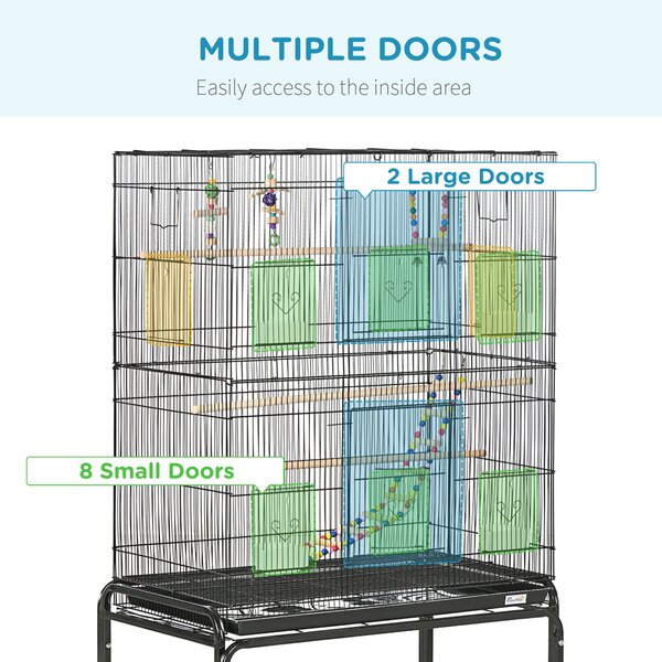 PawHut Steel Budgie Cage 133cm High with Stand, Slide-Out Tray, Toys, Storage Shelf for Canaries, Finches, Lovebirds, Parakeets, Black Aosom UK