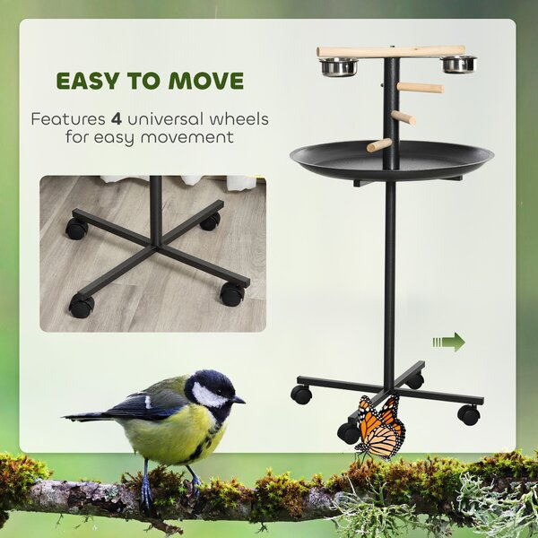 PawHut Metal Bird Table Play Stand, Bird Feeder Station Parrot Perch with Four Wheels Feeding Bowls Round Tray Aosom UK