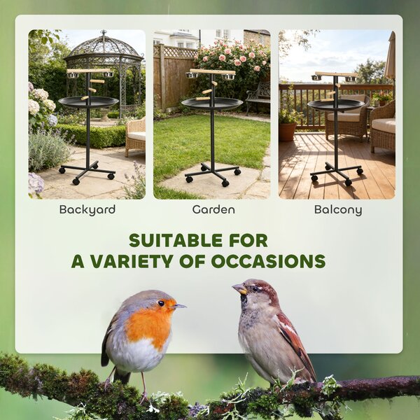 PawHut Metal Bird Table Play Stand, Bird Feeder Station Parrot Perch with Four Wheels Feeding Bowls Round Tray Aosom UK