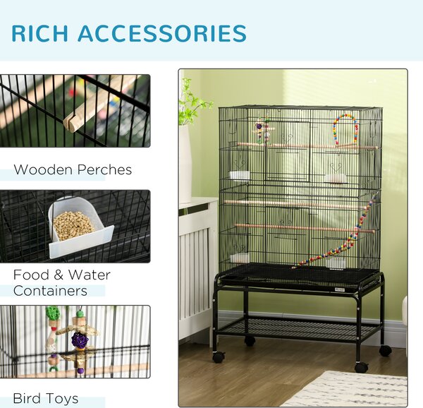 PawHut Steel Budgie Cage 133cm High with Stand, Slide-Out Tray, Toys, Storage Shelf for Canaries, Finches, Lovebirds, Parakeets, Black Aosom UK