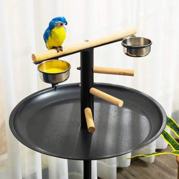 PawHut Metal Bird Table Play Stand, Bird Feeder Station Parrot Perch with Four Wheels Feeding Bowls Round Tray Aosom UK