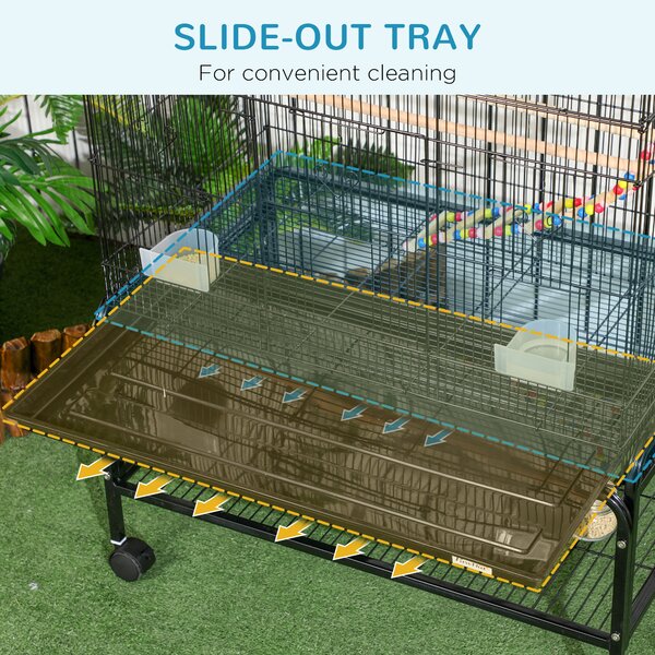 PawHut Steel Budgie Cage 133cm High with Stand, Slide-Out Tray, Toys, Storage Shelf for Canaries, Finches, Lovebirds, Parakeets, Black Aosom UK